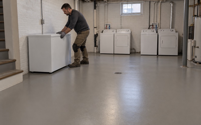 A chest freezer eased back onto a new warm gray epoxy floor in the shared basement of a Cicero two-flat.