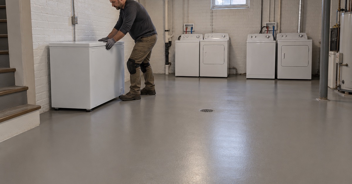 A chest freezer eased back onto a new warm gray epoxy floor in the shared basement of a Cicero two-flat.