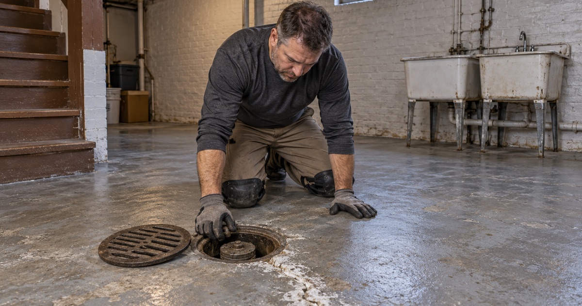 A floor drain cover lifted in a Cicero two-flat basement to check the backflow valve before any coating is chosen.