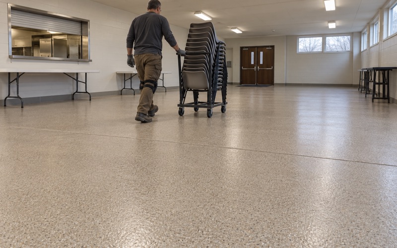 Stacked chairs rolled across a new quartz broadcast floor in a church fellowship hall in Cicero.