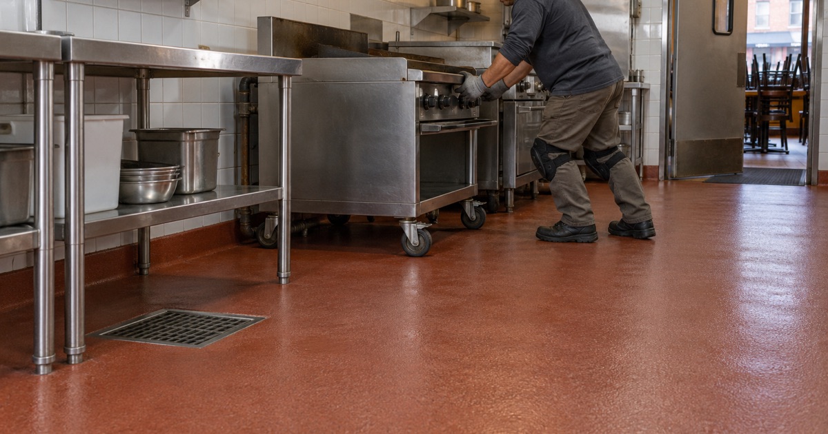 A griddle stand rolled back onto a textured urethane cement floor in a Cicero taqueria kitchen.