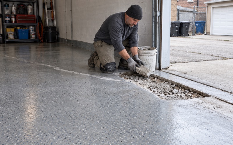 A broken chunk of spalled concrete lifted out of the salt-damaged front edge of a Cicero garage slab before patching.