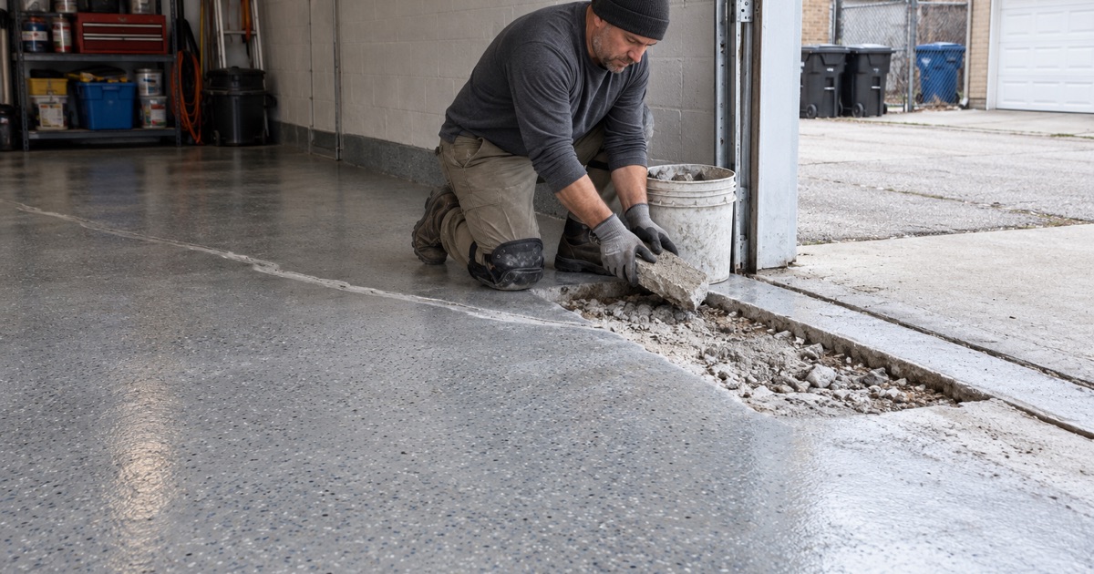 A broken chunk of spalled concrete lifted out of the salt-damaged front edge of a Cicero garage slab before patching.