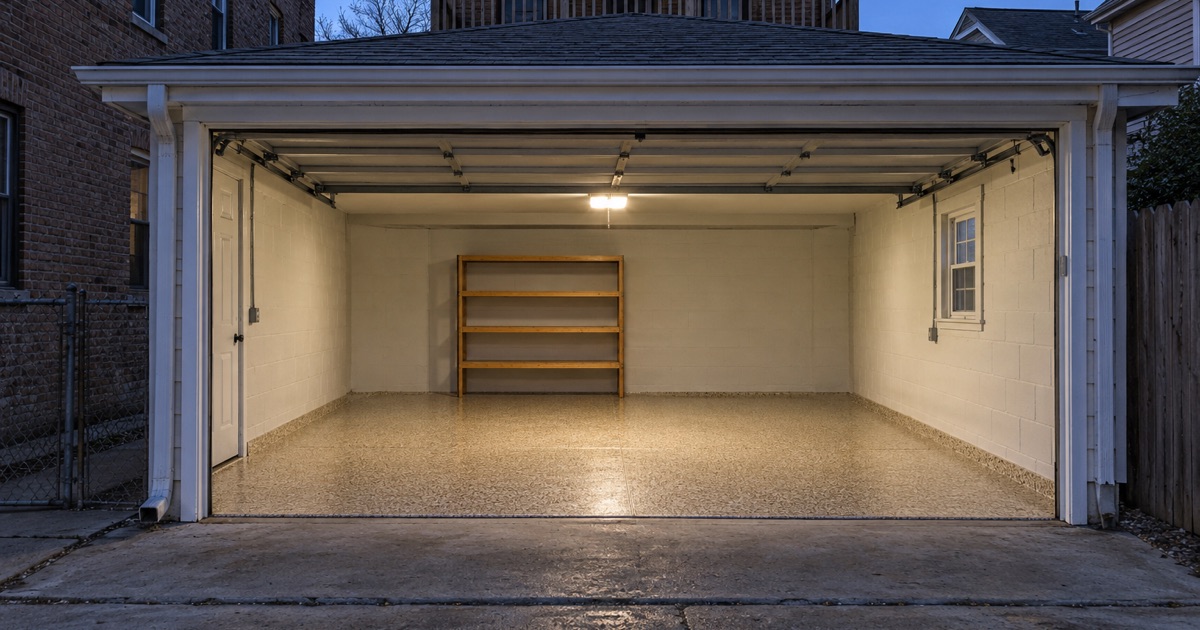 An empty, finished flake garage floor behind a Cicero brick two-flat, handed back with the door open to the alley.