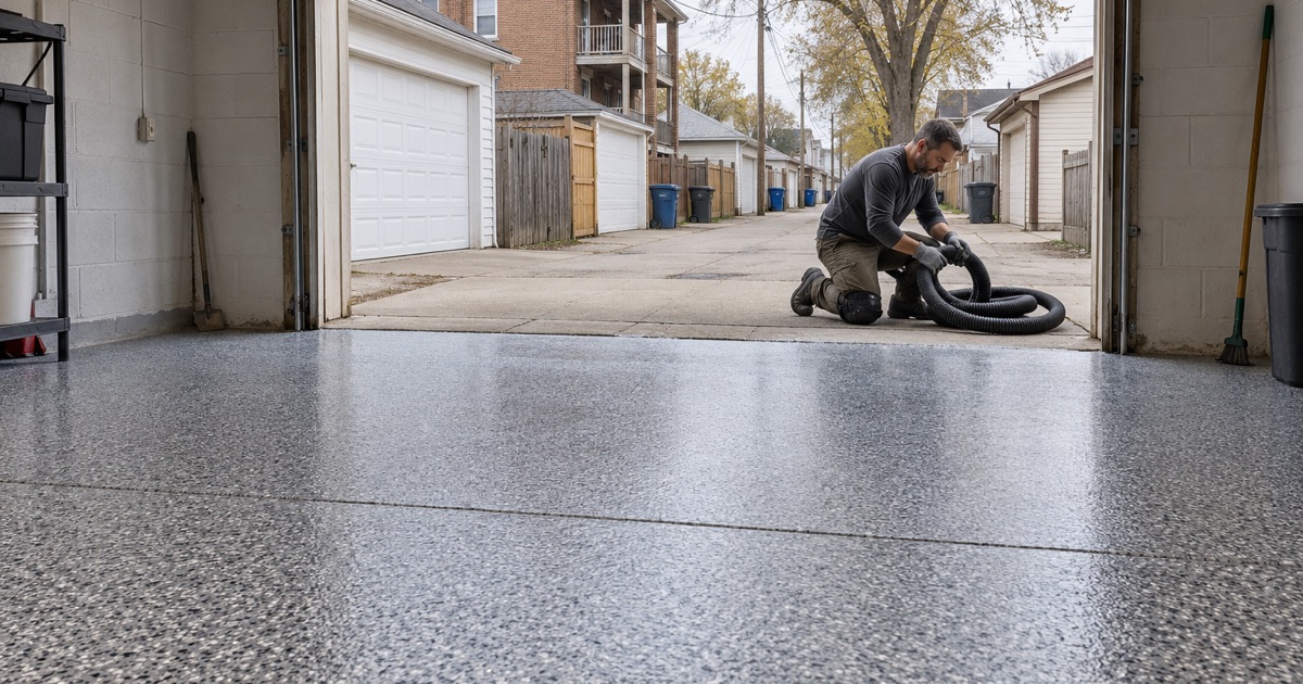 A finished gray and black flake floor in a detached alley garage behind a Cicero brick two-flat, the vacuum hose being coiled at the threshold.
