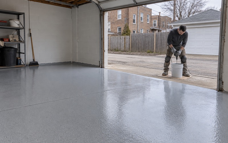 A batch of gray epoxy mixed on the apron of a Cicero alley garage, the slab inside already carrying a fresh base coat.