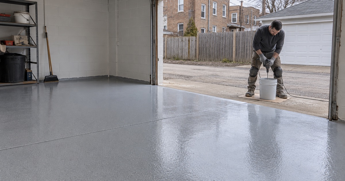 A batch of gray epoxy mixed on the apron of a Cicero alley garage, the slab inside already carrying a fresh base coat.