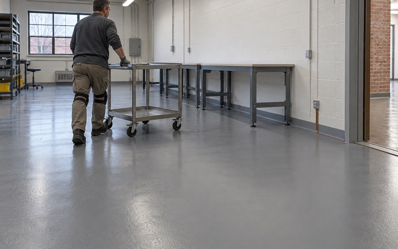 A parts cart rolled across a new static-dissipative floor in a Cicero electronics assembly room.