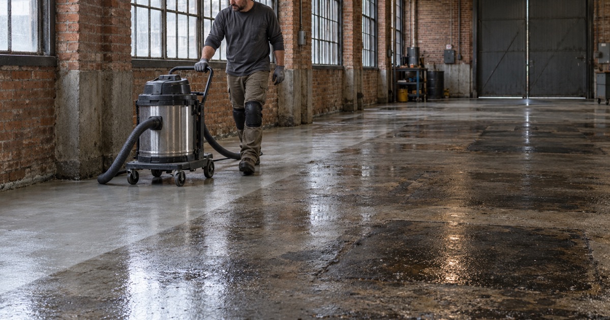 A wet vacuum pulled across an oil-darkened machine shop slab in an old Cicero factory, cleaned before it is coated.