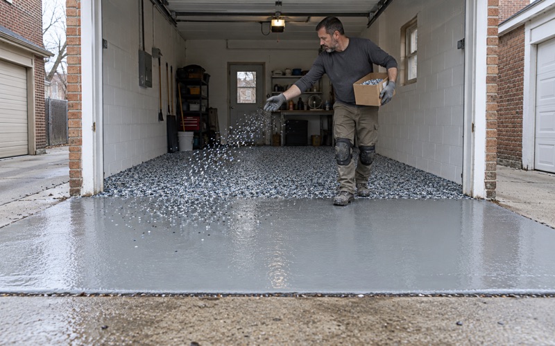 Vinyl chip mid-broadcast over a wet gray base coat in a Cicero alley garage, seen from the alley.