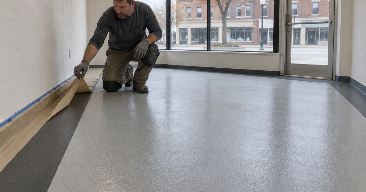 Masking paper peeled back to reveal a contrasting charcoal border band around a pale gray floor in a Cicero shop.