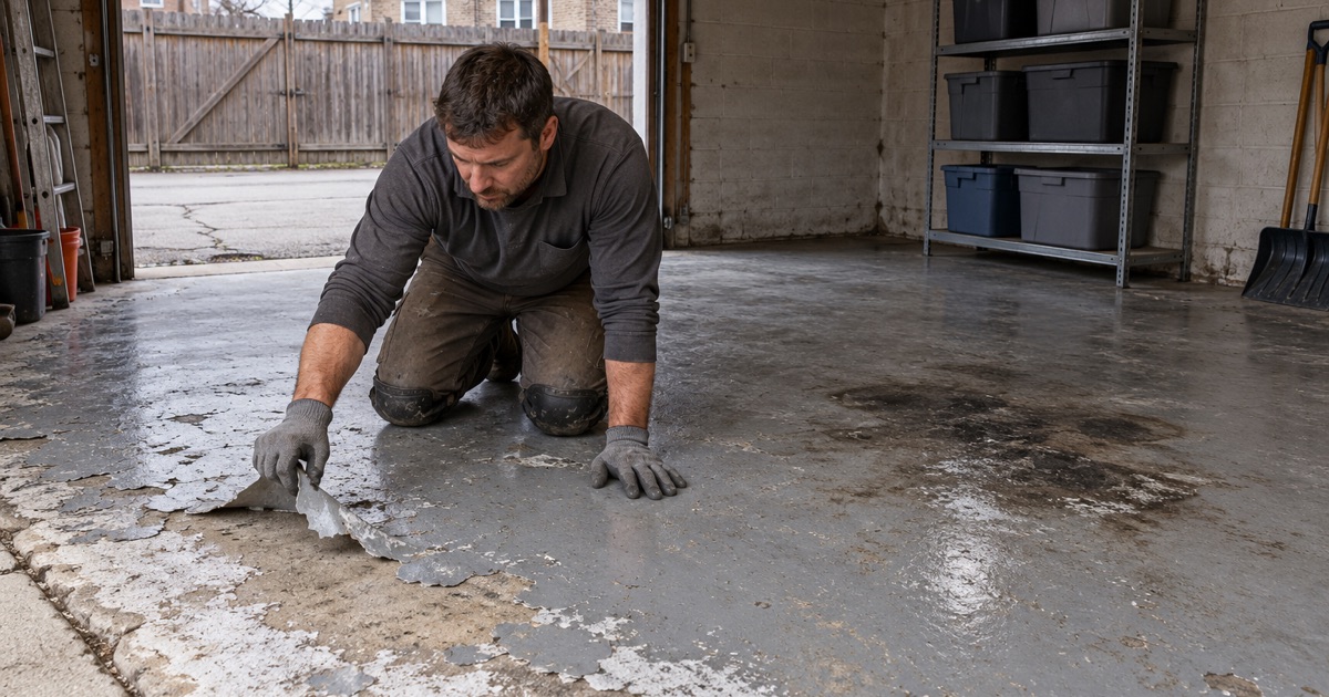 Old flaking floor paint lifted off a salt-scaled garage slab behind a Cicero two-flat before the floor is ground.