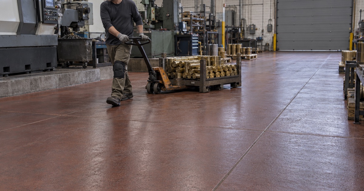 A pallet jack of brass billets pulled across a heavy urethane cement floor in a Cicero metalworking plant.