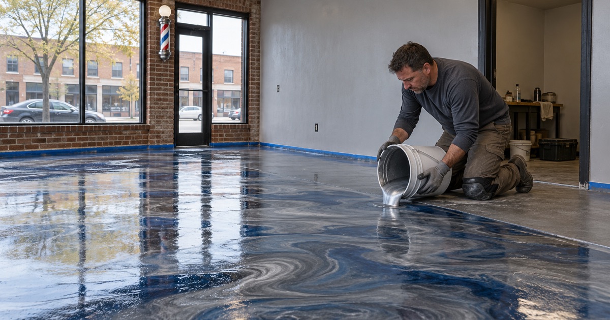 Silver and deep blue metallic epoxy poured in a ribbon across a barbershop floor on a Cicero commercial street.