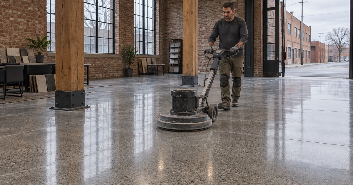 A burnisher bringing up the sheen on a polished concrete floor inside a converted Cicero brick factory showroom.