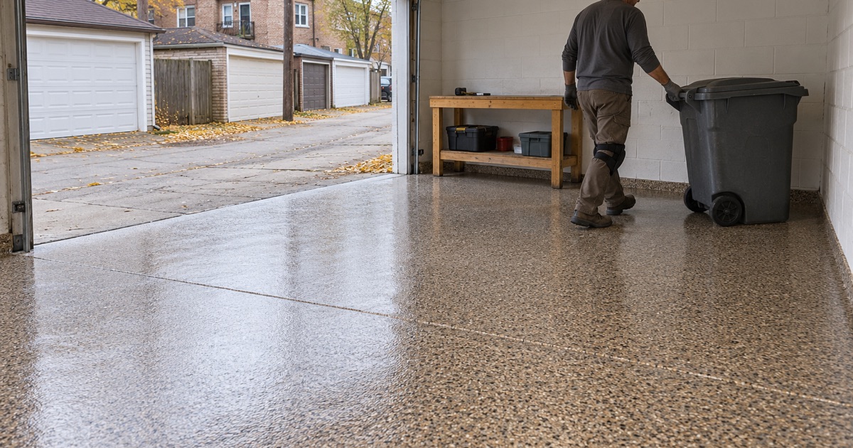 A garbage cart rolled back into a Cicero alley garage the same afternoon its polyaspartic flake floor went down.
